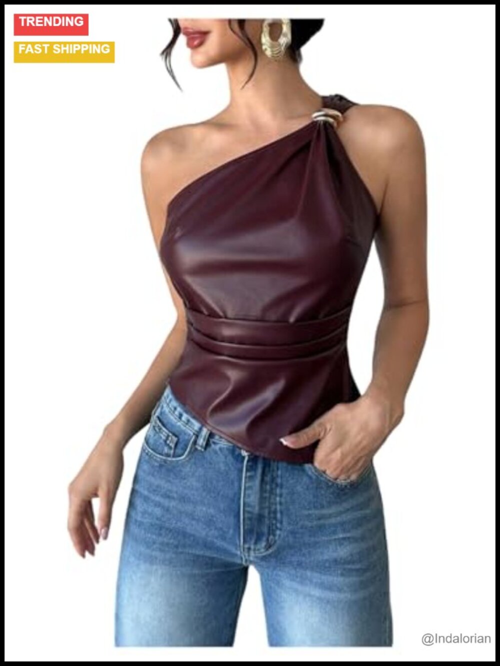 Floerns Leather One Shoulder Ruched Tank Top Sleeveless Night Out